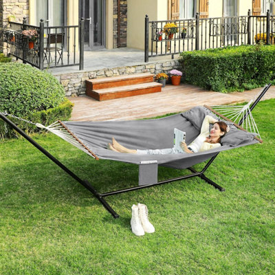 LEDREM Hammock, Outdoor Swing Bed With 2 Pillows, Wooden Bars, Load Capacity 300 Kg, 210 X 150 Cm, Grey - image 1