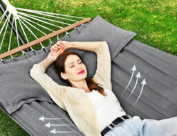 LEDREM Hammock, Outdoor Swing Bed With 2 Pillows, Wooden Bars, Load Capacity 300 Kg, 210 X 150 Cm, Grey - thumbnail 7