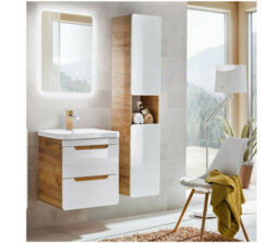 Impact Furniture Bathroom Furniture Set Vanity Unit 400mm Sink Tall Cabinet White Gloss Oak Aruba - thumbnail 2