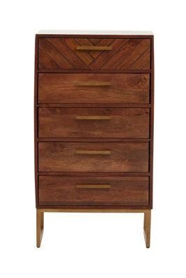Orsina 5 Drawer Chest, Mango Wood Bohemian Dresser With Gold Iron Accents, Functional Tallboy Storage Unit - image 1