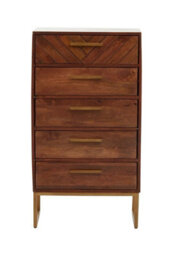 Orsina 5 Drawer Chest, Mango Wood Bohemian Dresser With Gold Iron Accents, Functional Tallboy Storage Unit