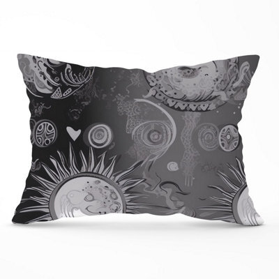 Warren Reed Designer Black Grey Abstract Sun And Moon Cushions 33Cm X 48Cm