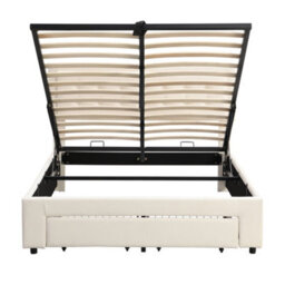 Btm 4Ft6 Double Upholstered Bed 135X190Cm Velvet Storage Slatted Headboard Cream No Mattress - thumbnail 9