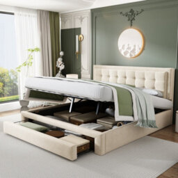 Btm 4Ft6 Double Upholstered Bed 135X190Cm Velvet Storage Slatted Headboard Cream No Mattress - thumbnail 4