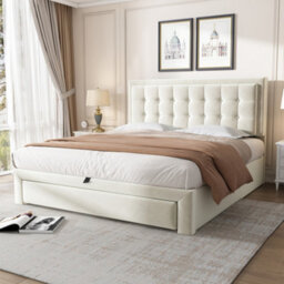 Btm 4Ft6 Double Upholstered Bed 135X190Cm Velvet Storage Slatted Headboard Cream No Mattress - thumbnail 3