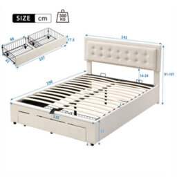 Btm 4Ft6 Double Upholstered Bed 135X190Cm Velvet Storage Slatted Headboard Cream No Mattress - thumbnail 6