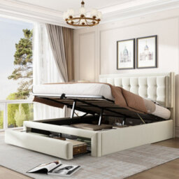 Btm 4Ft6 Double Upholstered Bed 135X190Cm Velvet Storage Slatted Headboard Cream No Mattress