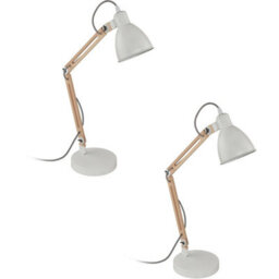 Stylish 2 Pack White Table Desk Lamps With Moveable Red Cables And Wooden Shades - thumbnail 1