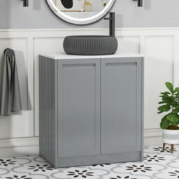 Royal Bathrooms Royal Bathroom Elmore 700mm Matt Pebble Grey Freestanding Bathroom Vanity Unit 2 Door Plain White Worktop With Milan Black Basin - thumbnail 1