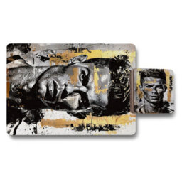 Benjamin Tate Design Abstract Art Placemat And Coaster Set With Gold Accents On Wood Base Limited Edition
