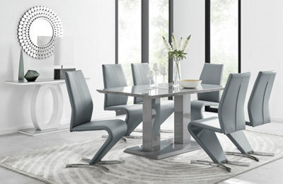 Furniturebox Imperia Grey High Gloss 6 Seater Dining Table With Structural 2 Plinth Column Legs And 6 Elephant Grey Faux Leather Willow Chairs - image 1