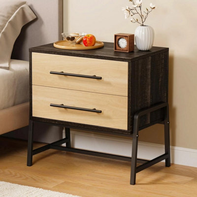 Nightstand Wood Side Table With 2 Drawers Metal Leg Dark Wood - image 1