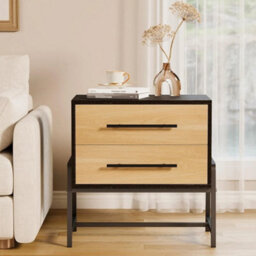 Nightstand Wood Side Table With 2 Drawers Metal Leg Dark Wood - thumbnail 3