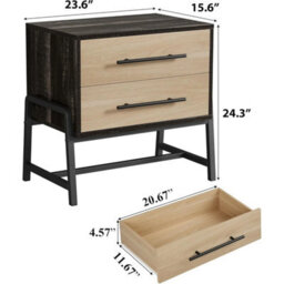 Nightstand Wood Side Table With 2 Drawers Metal Leg Dark Wood - thumbnail 2