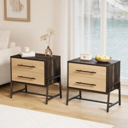 Nightstand Wood Side Table With 2 Drawers Metal Leg Dark Wood - thumbnail 5