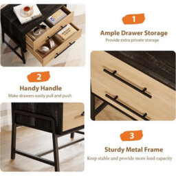 Nightstand Wood Side Table With 2 Drawers Metal Leg Dark Wood - thumbnail 6