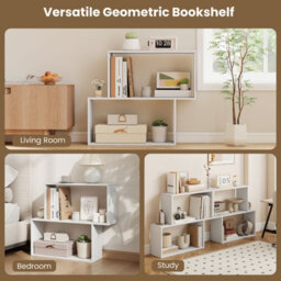 Gainoom 3-Tier White Geometric Bookshelf Freestanding Wooden Bookcase With 2 Cubic Compartments - thumbnail 8