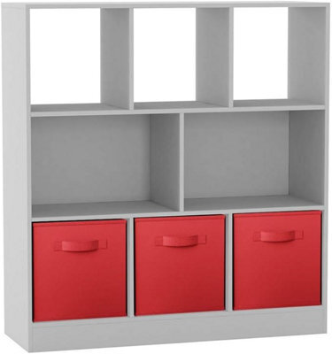 Urbn-Living Urbnliving Asymmetrical 8 Cube White Bookcase Storage Unit With 3 Fabric Drawer Inserts- Red - image 1