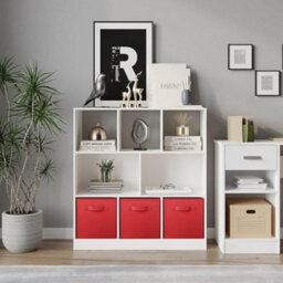 Urbn-Living Urbnliving Asymmetrical 8 Cube White Bookcase Storage Unit With 3 Fabric Drawer Inserts- Red - thumbnail 2