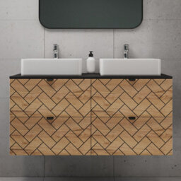 Heze Furniture Trend Herringbone Pattern Door 120Cm Bathroom Cabinet Vanity Unit With Worktop Gold Craft Oak & Black