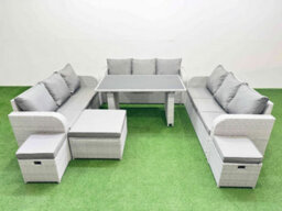 Fimous Patio Garden Furniture Sets With Black Glass Top Dining Table 3 Seater Sofa 3 Stool Light Grey - thumbnail 1