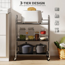 Homcom 3 Tier Kitchen Trolley On Wheels Serving Cart With Handles Silver - thumbnail 4