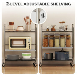 Homcom 3 Tier Kitchen Trolley On Wheels Serving Cart With Handles Silver - thumbnail 5