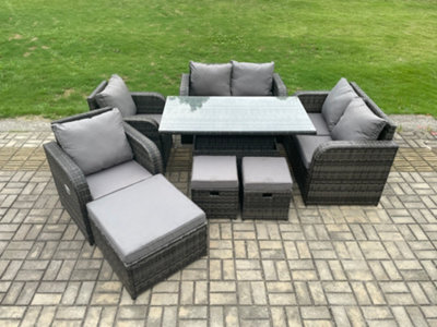 Fimous Pe Rattan Garden Furniture Set Height Adjustable Rising Lifting Dining Table With Love Sofa Chair 3 Footstools - image 1