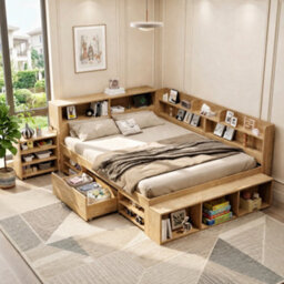 Double Multifunctional Bed With Drawers, Bookcase And Storage Cupboard - thumbnail 1