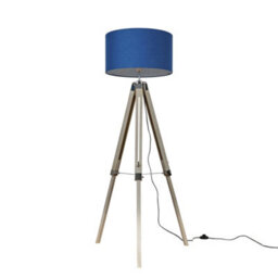 Valuelights Clipper Modern Light Wood And Chrome Tripod Floor Lamp With Navy Drum Shade