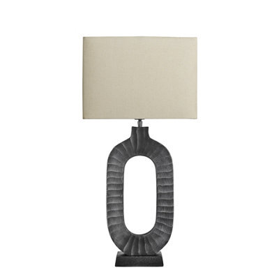 Industville Ornate Oval Table Lamp, Pewter Base, Rounded Rectangle Cotton Shade - image 1