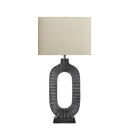 Industville Ornate Oval Table Lamp, Pewter Base, Rounded Rectangle Cotton Shade - thumbnail 1