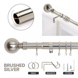 Bedlooms Brushed Silver Metal Curtain Pole 28 mm- Extendable Durable Rod 160-300 Cm Plain Ball Finish 60mm - thumbnail 2