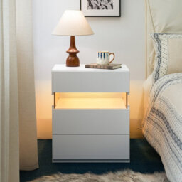 Matteo Modern White Led Nightstand With Acrylic Board & 3 Drawers - Bedside Table For Bedroom & Living Room - thumbnail 1