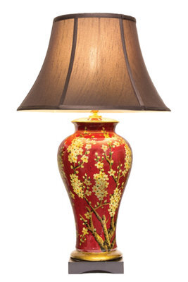 Downton Interiors Red Floral Oriental Chinese Ceramic Porcelain Table Lamp With Dark Shade - image 1