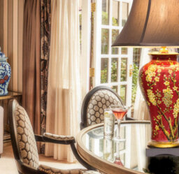 Downton Interiors Red Floral Oriental Chinese Ceramic Porcelain Table Lamp With Dark Shade - thumbnail 3