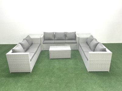 Fimous Rattan Garden Outdoor Furniture Set 9 Seater Garden Sofa Coffee Table Set 2 Side Tables Light Grey - image 1