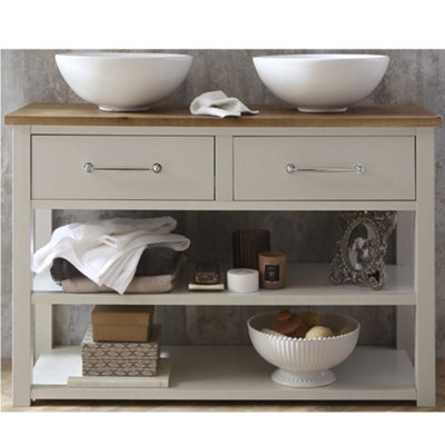 Homestylestore Antique White And Oak 1215mm Bathroom Vanity Unit With Two Round Countertop Basins And Chrome T Bar Handles - image 1