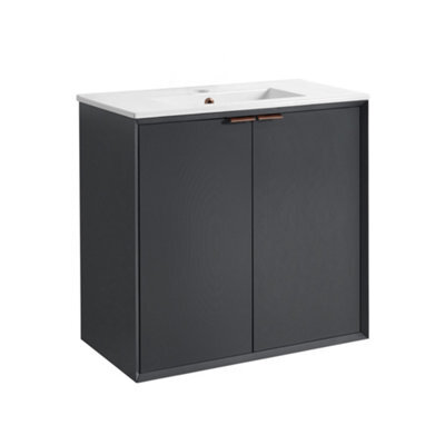 Homestylestore Anthracite 810mm Wall Hung Bathroom Vanity Unit With Basin And Brushed Copper Finger Pull Handle - image 1