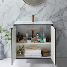 Homestylestore Anthracite 810mm Wall Hung Bathroom Vanity Unit With Basin And Brushed Copper Finger Pull Handle - thumbnail 2