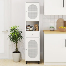 Costway 170Cm Tall Bathroom Cabinet Pe Rattan Freestanding Storage Cabinet W/ 2 Doors-White