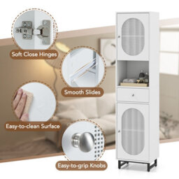 Costway 170Cm Tall Bathroom Cabinet Pe Rattan Freestanding Storage Cabinet W/ 2 Doors-White - thumbnail 6