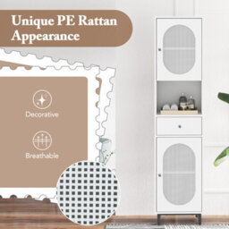 Costway 170Cm Tall Bathroom Cabinet Pe Rattan Freestanding Storage Cabinet W/ 2 Doors-White - thumbnail 8
