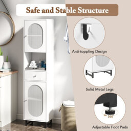 Costway 170Cm Tall Bathroom Cabinet Pe Rattan Freestanding Storage Cabinet W/ 2 Doors-White - thumbnail 9
