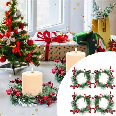 Amorly 4Pcs Mini Christmas Candle Ring Wreaths, Red Berry Pine Leaf Design, Decorative Small Wreath For Pillar Candles Table Centrepiece - image 1