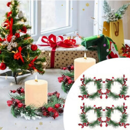 Amorly 4Pcs Mini Christmas Candle Ring Wreaths, Red Berry Pine Leaf Design, Decorative Small Wreath For Pillar Candles Table Centrepiece - thumbnail 1