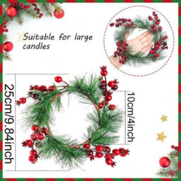 Amorly 4Pcs Mini Christmas Candle Ring Wreaths, Red Berry Pine Leaf Design, Decorative Small Wreath For Pillar Candles Table Centrepiece - thumbnail 4