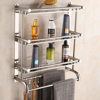 Living And Home Chrome Wall Mounted Metal Bathroom Shelving Shower Organizer With Towel Rail Rack And Hook - image 1