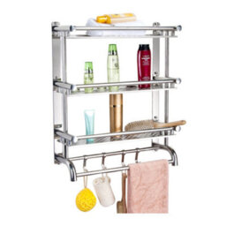 Living And Home Chrome Wall Mounted Metal Bathroom Shelving Shower Organizer With Towel Rail Rack And Hook - thumbnail 4