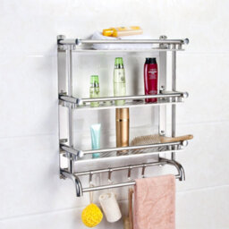 Living And Home Chrome Wall Mounted Metal Bathroom Shelving Shower Organizer With Towel Rail Rack And Hook - thumbnail 5
